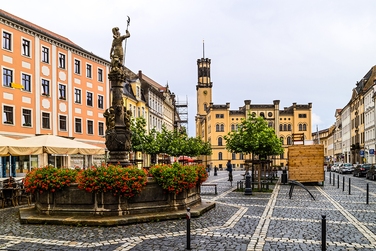 Der Marktplatz in Zittau im Landkreis Görlitz. Auf dem Platz aus Kopfsteinpflaster sind mehrere grüne Bäume. Im Zentrum steht ein großer, runder Brunnen mit roten Blumen und einer Statue. Links ist eine Häuserreihe mit bunten, historischen Fassaden. Im Hintergrund ist das Rathaus von Zittau mit seinem hohen Turm und gelber Fassade. 
