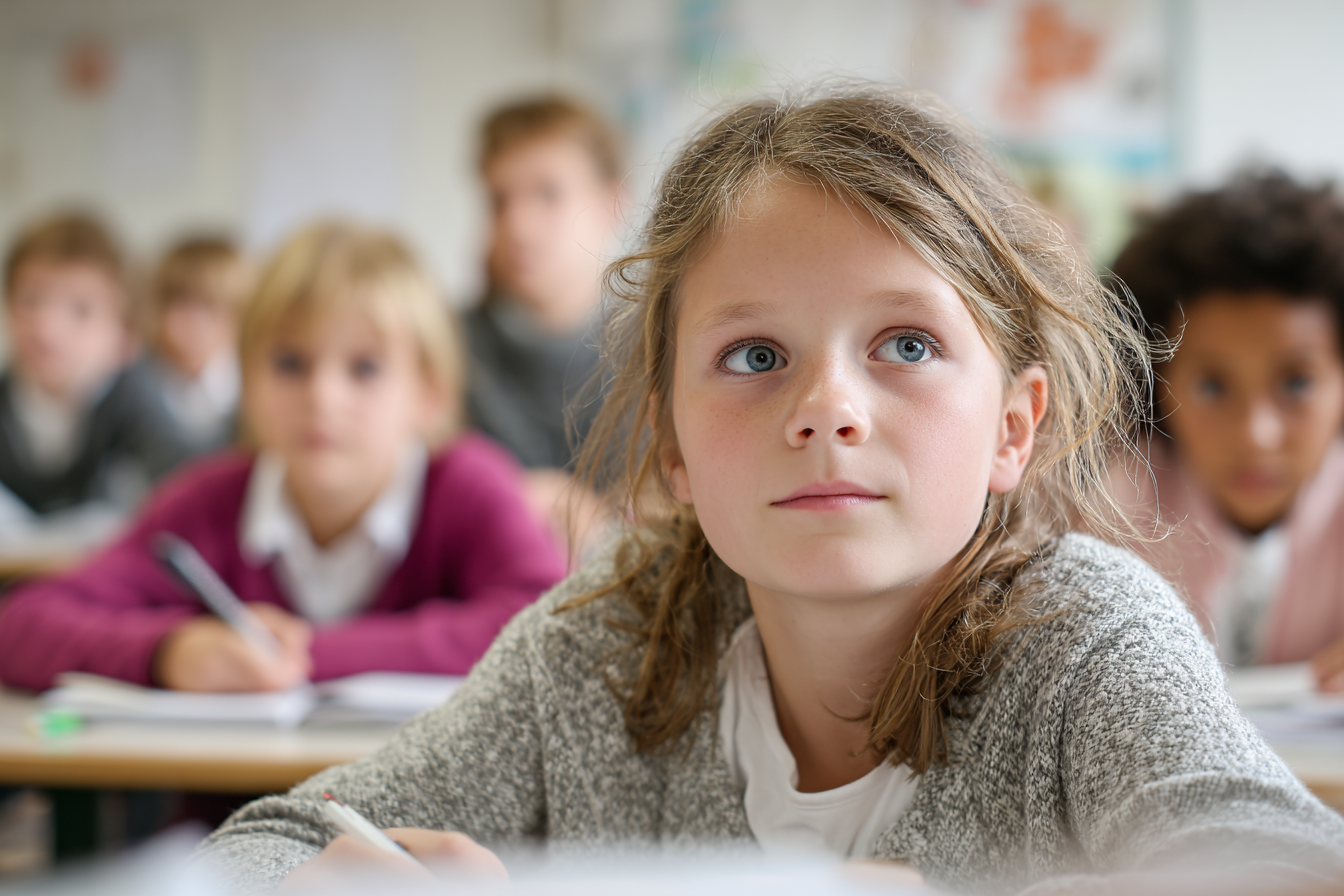 A young girl sits attentively in the classroom, her gaze fixed on the front. She appears thoughtful and curious. Behind her, other children sit slightly out of focus in the background. The atmosphere is calm and focused, typical of a classroom setting.