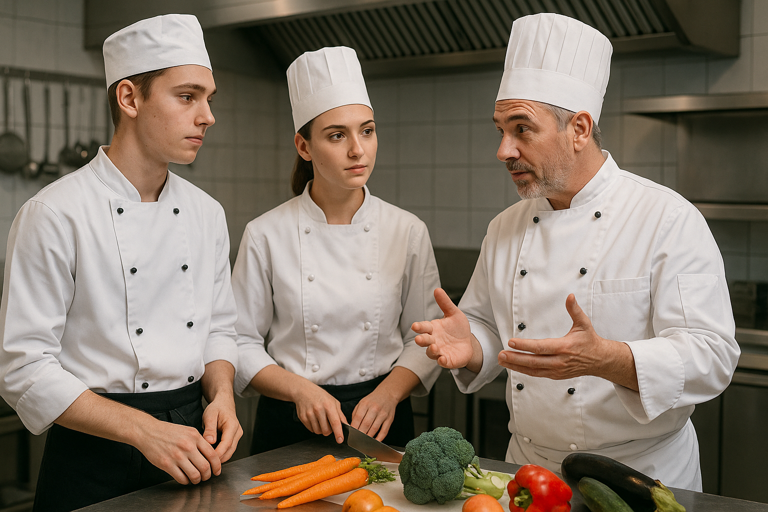 Ein älterer Koch erklärt zwei jungen Auszubildenden etwas in einer Großküche. Alle tragen weiße Kochjacken und Kochmützen. Auf dem Edelstahltisch liegen frisches Gemüse wie Karotten, Brokkoli und Paprika. Im Hintergrund sind Hängeschienen mit Küchenutensilien und ein großer Dunstabzug sichtbar.