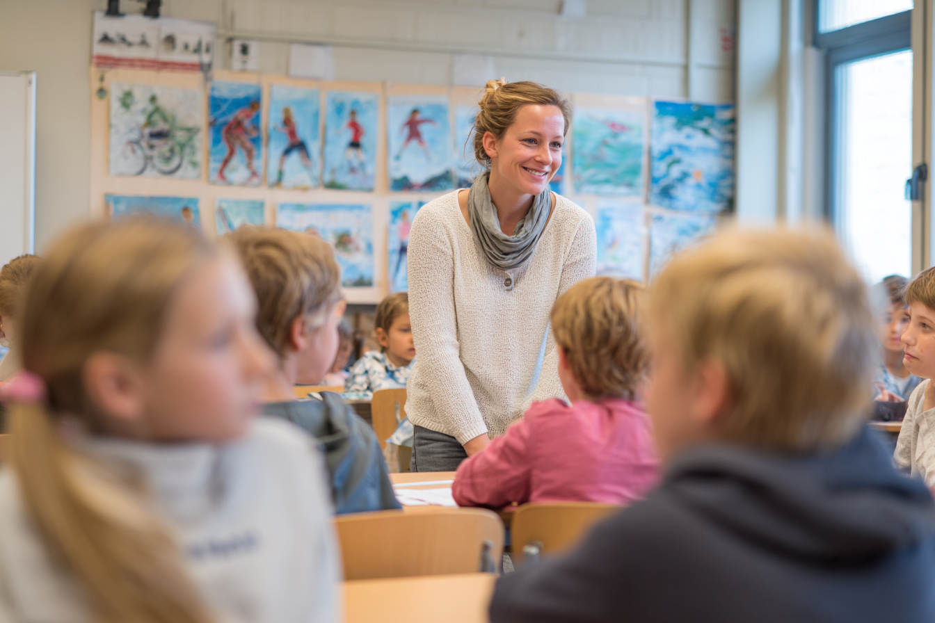 In a bright classroom, a young teacher stands smiling at a table, surrounded by several elementary school children who look at her attentively or talk amongst themselves. Colorful children's drawings hang on the wall behind her. The atmosphere is friendly, lively, and focused.