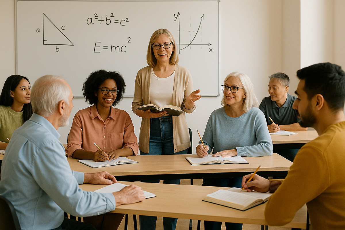 Eine Lehrerin steht in einem Klassenraum vor einem Whiteboard mit mathematischen Formeln und unterrichtet Erwachsene. Diese sitzen an Tischen, schreiben in ihre Hefte und hören aufmerksam zu.