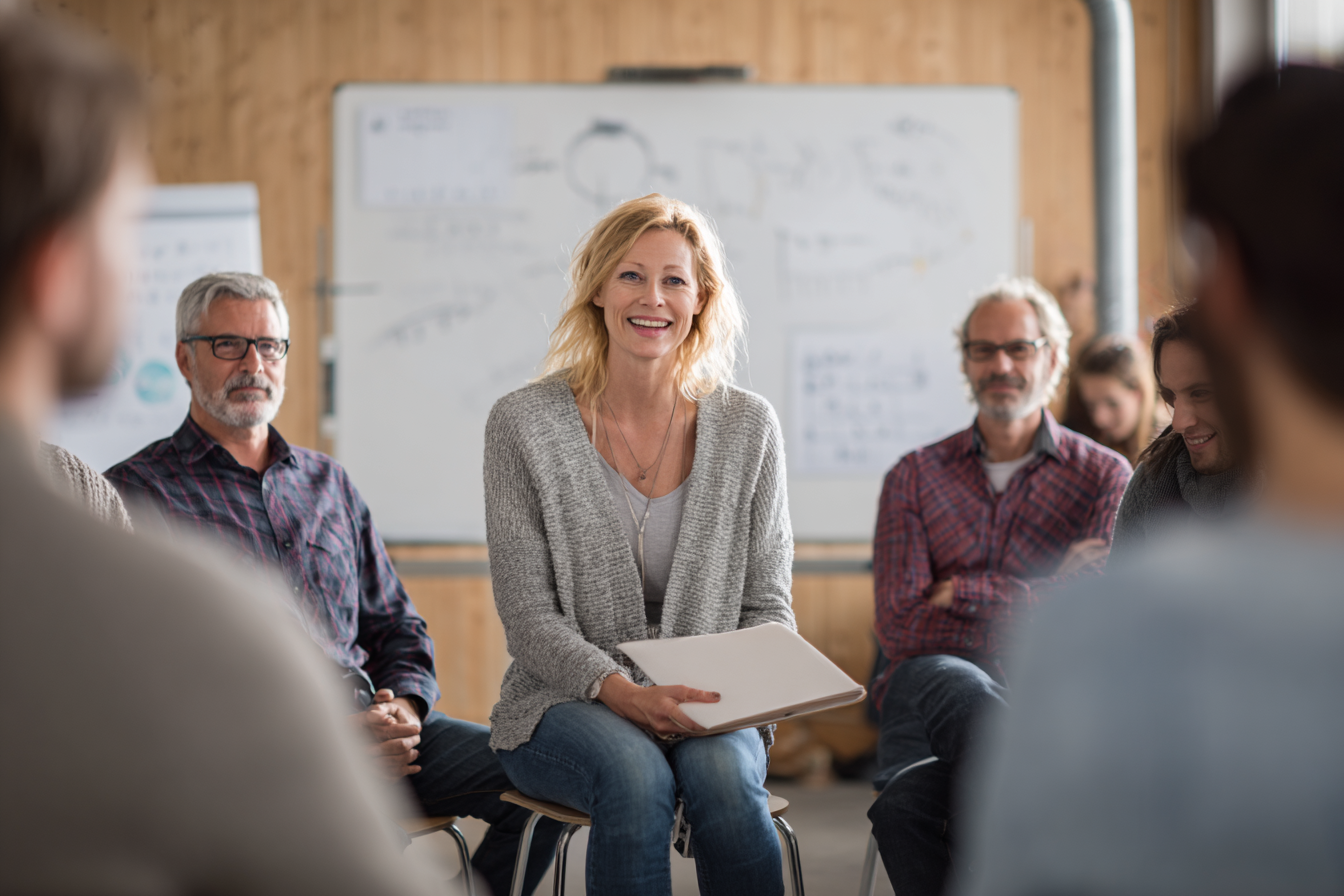A woman sits smiling in a circle of adults. She holds a notepad in her lap and appears engaged and open. In the background are a whiteboard and flip charts, suggesting a training or professional development session. The atmosphere is friendly and focused.