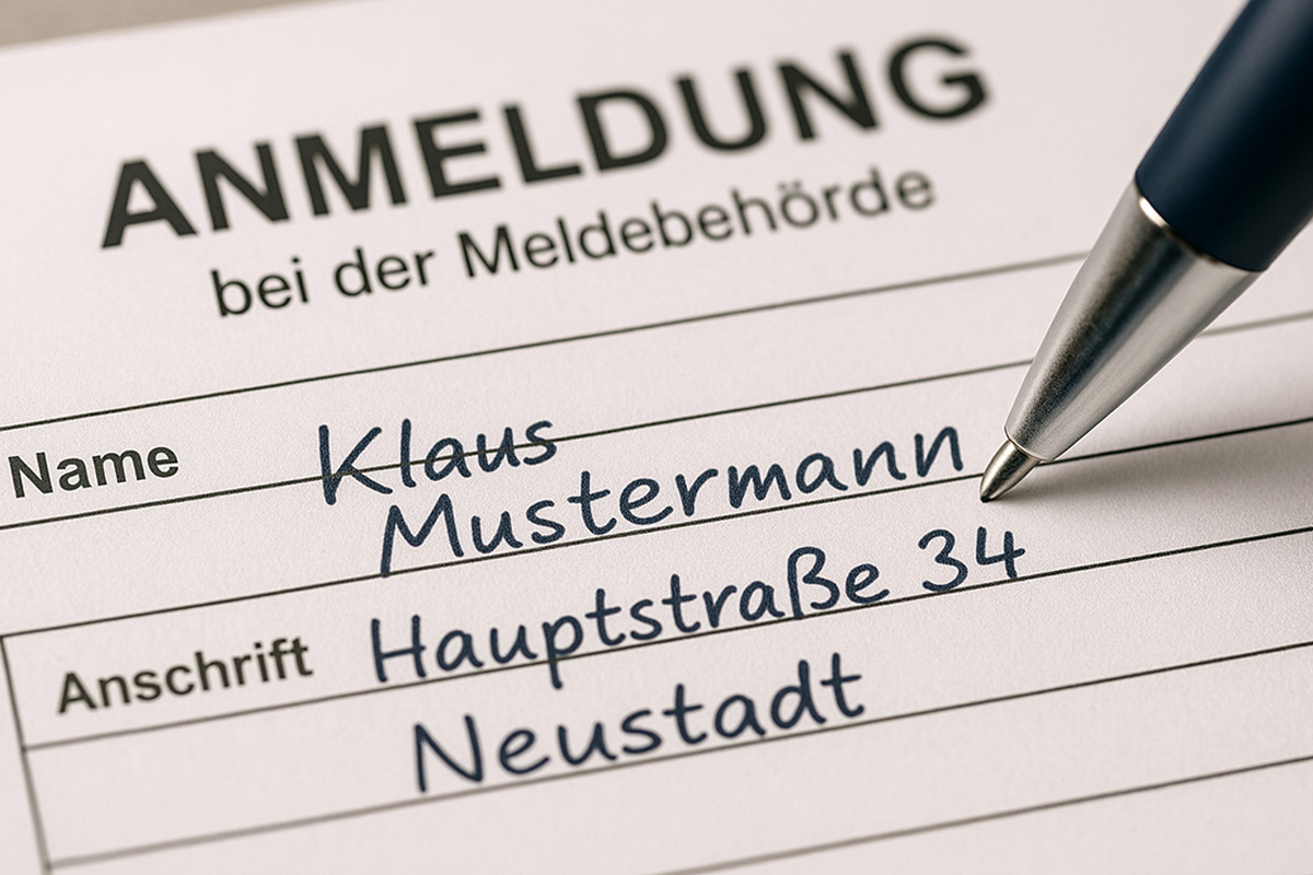 The image shows a registration form for the residents' registration office. The upper part of the form displays the printed words "REGISTRATION at the Residents' Registration Office." Below, the fields "Name" and "Address" are filled in. The name "Klaus Mustermann" and the address "Hauptstraße 34, Neustadt" are written there in blue handwriting. On the right edge of the image, a pen tip is visible, seemingly in the process of filling out the form.