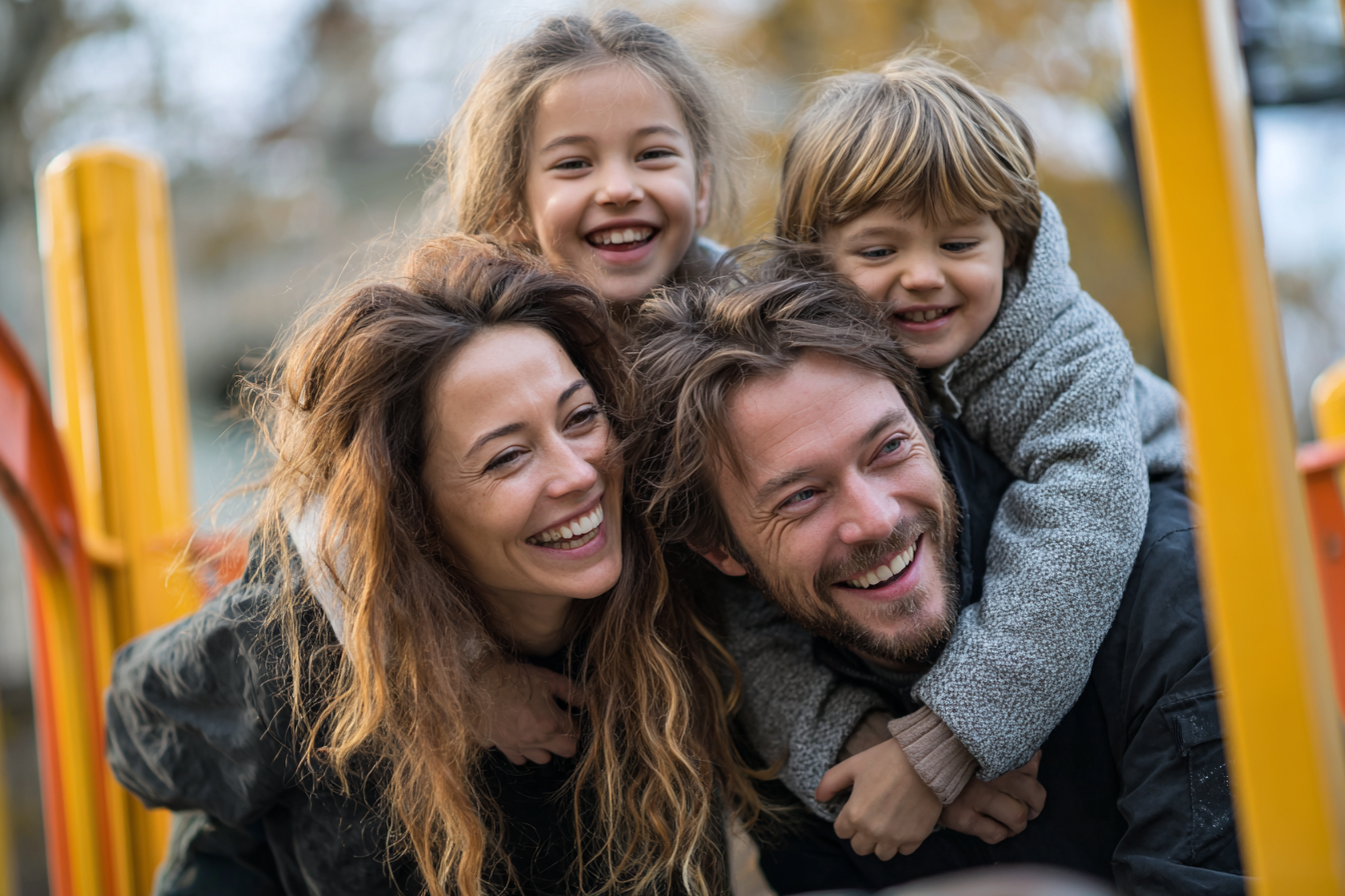 The photo shows a happy family outdoors. Two adults and two children are laughing heartily, with the children clinging to the adults from behind. The scene appears warm and lively, with a playful atmosphere.