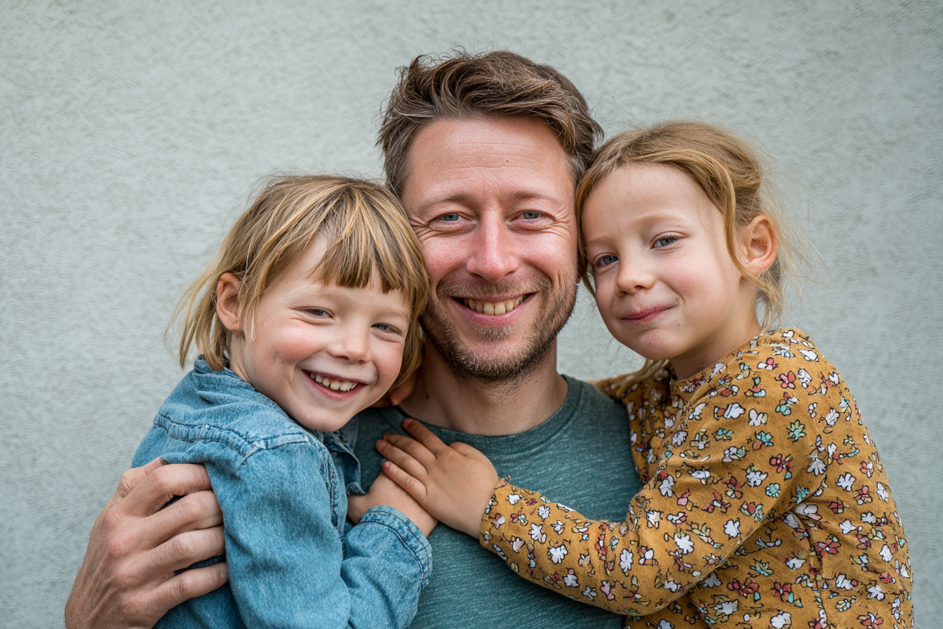 The picture shows a smiling man holding two children close in his arms. All three appear happy and connected as they look closely at the camera.