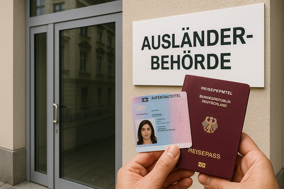 Zwei Hände halten einen deutschen Reisepass vor dem Eingang eines Gebäudes mit einem Schild mit der Aufschrift „Ausländerbehörde“. Im Hintergrund ist eine graue Tür mit Glaseinsatz zu sehen.
